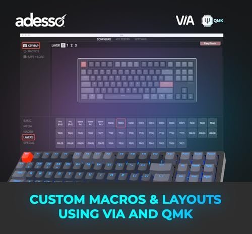 Adesso EasyTouch 1100 Illuminated Mechanical Keyboard | Wired, Wireless, Bluetooth, Multi-OS, VIA, Compact, Copilot Ai Hotkey