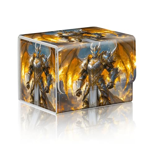 Trading Card Storage Box, Holds 100+ for MTG Cards, PU Leather with Magnetic Closure, Golden Armored Paladin with Fiery Wings Durable Deck Box for Magic the Gathering, Trading Card Games - color: Golden Armored Paladin with Fiery Wings