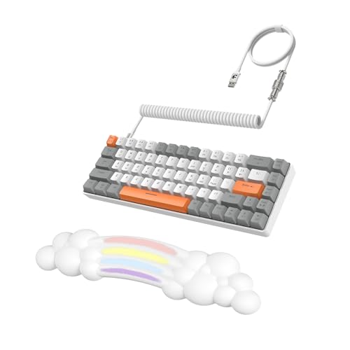 ZIYOU LANG 65% Wired RGB TKL Portable Mechanical Gaming Keyboard Light Gray Red Switch with Coiled Cable and White Rainbow Cloud Wrist Rest for PC Mac Gamer