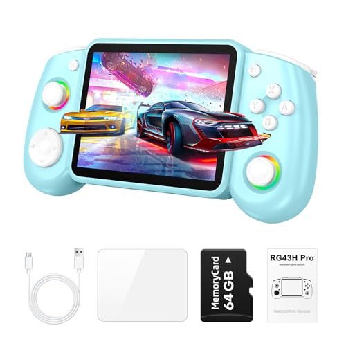 RG43H Pro Retro Handheld Game Console, 4.3 Inch Retro Gaming Console with 4000mAh Battery, RK3562 Opensource Hand Held Games Console, EmuELEC&RGBOX Dual Systems Video Console, HDMI TV Output,Baby Blue - color: Baby Blue