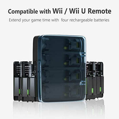 Battery Charger for Wii & Wii U Remote Controller,4pcs 2800mAh NiMH Rechargeable Battery Packs with 4-in-1 Charging Station for Wii & Wii U Game Remote [ Latest Upgrade Version]-Black - color: Black