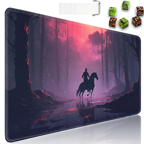 for MTG Playmat + Drawstring Travel Pouch + 6 Dice Counter, for Tabletop Trading Card Game Playmats or Large Mouse Pad, Anti-Slip Rubber 24 x 14 in, Warrior on Horseback for TCG Playmat - color: JV-Playmat-1-F-180