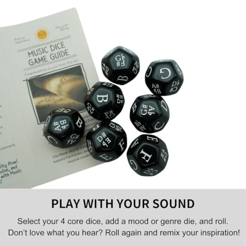 Music Dice Set – 7 Black 12-Sided Dice with Twelve-Tone Scale (12-TET) – Perfect for Composition, Improvisation, Music Education & Teaching – Includes Velvet Carry Bag