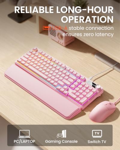 EWEADN Wired Keyboard and Mouse Combo with Detachable Wrist Rest, Quiet Ergonomic Keyboard Mouse Set with Multimedia Knob, RGB Backlit, Double-Shot Keycaps Natural Typing for Laptop, PC - Pink - color: Pink