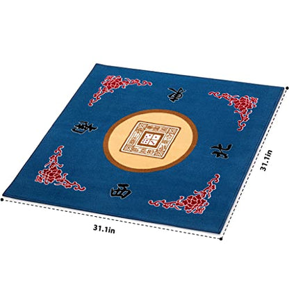 Yellow Mountain Imports Table Cover for Mahjong, Poker, Card Games, Board Games, Tile Game, and Dominoes - 31.1 Inches - Roll-up Gaming Mat with Carrying Bag | Felt game table cover, 79 x 79 x 0.3 cm, non-slip rubber backing, blue pattern, includes a carr