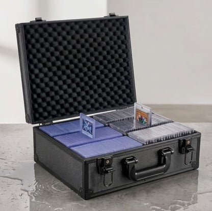 SUREMAX 600+ Trading Card Storage Box, Portable Card Case for 3" x 4" Graded Cards and Toploaders, 6 Dividers, Aluminum Alloy Hard Shell, with Handle, Dual Locks, Fits MTG PTCG YGO Sports Card