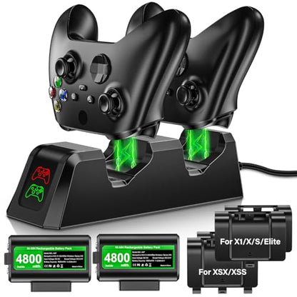 Rechargeable-Controller-Battery-Pack-for-Xbox One S/X/Elite/Xbox Series S|X | 2x4800mWh Battery with Charger for Xbox Wireless Controllers, Rechargeable Batteries for Xbox with Charging Station, 4 Covers
