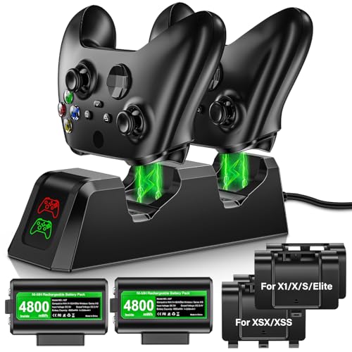Rechargeable-Controller-Battery-Pack-for-Xbox One S/X/Elite/Xbox Series S|X | 2x4800mWh Battery with Charger for Xbox Wireless Controllers, Rechargeable Batteries for Xbox with Charging Station, 4 Covers