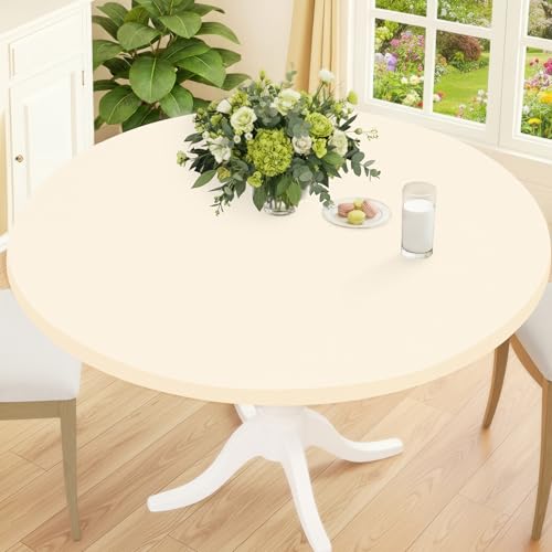 Smiry Round Spandex Tablecloth, Fitted Table Cover for 42"-50" Tables | Elastic Washable Tablecloths, Waterpoof Stretch Picnic Table Cover for Dining, Indoor and Outdoor, Beige - color: Beige, size: For Up to 42"-50" Round