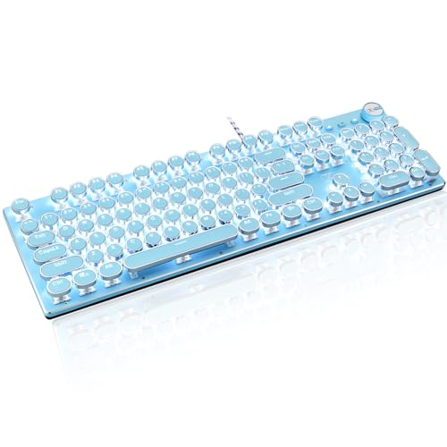 LexonElec Typewriter Style Retro Mechanical Gaming Keyboard, Vintage Steampunk with White LED Backlit, Wired 104-Key Blue Switch Cute Keyboard, Round Keycaps Knob Control for PC/Laptop/Mac (Blue) - color: BLUE White LED