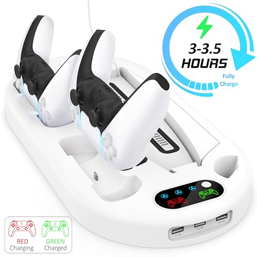 Gaming Console Vertical Stand with Dual Fast Charging Station & 3-Level Cooling Fan for PS5 Slim Digital & Disc Versions