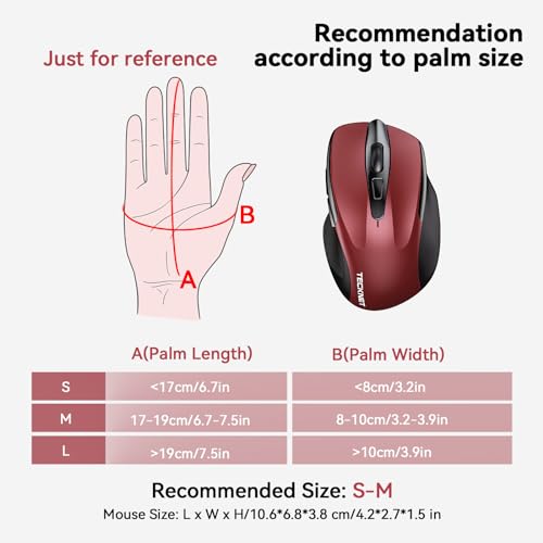 TECKNET Wireless Mouse, BT 5.0/2.4G, Silent 4800 DPI 6 Buttons, Red | Bluetooth 5.0/3.0 & USB A, 2-Device Easy Switch, Wide OS Compatible, 6-DPI, Ergonomic for S/M Hands, Extended Battery - color: Red