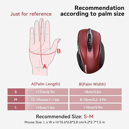 TECKNET Wireless Mouse, BT 5.0/2.4G, Silent 4800 DPI 6 Buttons, Red | Bluetooth 5.0/3.0 & USB A, 2-Device Easy Switch, Wide OS Compatible, 6-DPI, Ergonomic for S/M Hands, Extended Battery - color: Red
