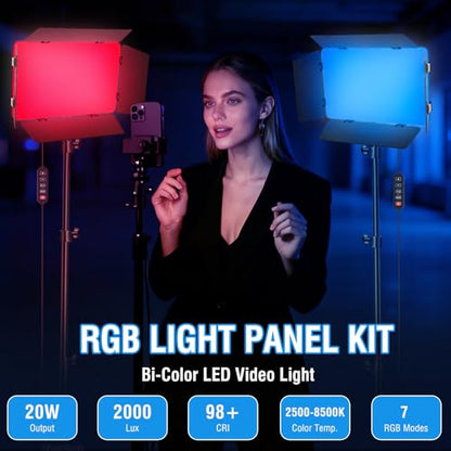 2-Pack LED Video Light Kit with 63'' Tripod Stand, Icceue 2500K-8500K Dimmable Studio Photography Panel Lighting for Video Recording Game Live Streaming Podcast YouTube Filming (2 Pack RGB) - size: 2 Pack RGB (with Barndoor)