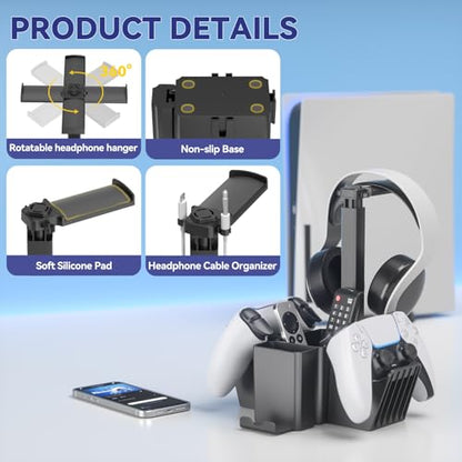 KDD Dual Controller Holder with Headphone Stand - Multi-Functional Desk Storage Box with Phone Holder - Universal Controller Stand with Desktop Organizer for Remote Control Pen Accessories(Black)