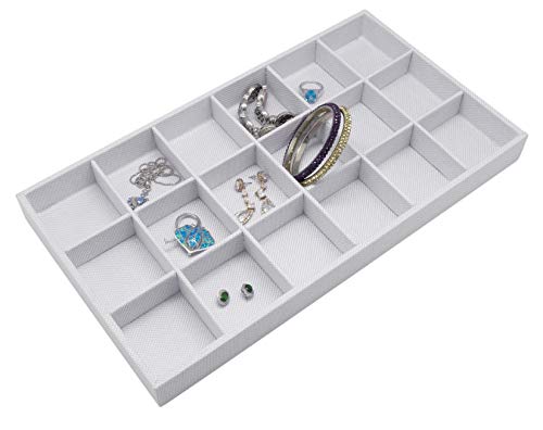 The Display Guys - Stackable Jewelry Tray and Organizer - for Drawers, Dressers, Store Display (18 Compartments, White Burlap) - color: Burlap White, size: 18 Compartments