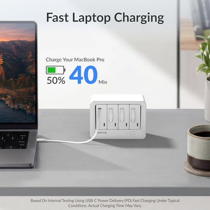 Gitryin 12-in-1 Desktop Modular Charging Station, 4 65W USB C Retractable Chargers with 33.5in Built-in Cables, ETL Surge Protector Charging Hub for Laptop, Phone, Tablet, Home Office Desk, White - color: White