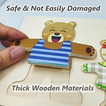 Wooden Bear Family Dress-up Puzzle Box for Toddlers(72pcs),Change Clothes Puzzle Games, Preschool Learning Activities Toys for Kids Ages 3+ - color: Bear