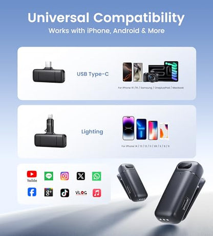 [Upgraded] Wireless Lavalier Lapel Microphone 80FT Range with 6H Working Time Plug & Play Mini Mic with Upgraded Noise Reduction and Reverb for Vlogging, Video Recording, Live Streaming, Interview