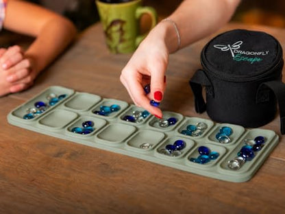 Travel Mancala Game Set – Flexible Silicone Roll-Up Board, 50 Stones & Zippered Canvas Bag – Portable Strategy Game for Adults & Teens (Sage Green) - color: Sage Green