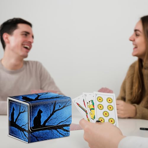 for MTG Commander Deck Box,Card Deck Box for Trading Yugioh MTG,Fits 100 Double Sleeved Cards,PU Leather Strong Magnet Case for Magic Commander TCG CCG,Black Cat Blue - color: Black Cat Blue