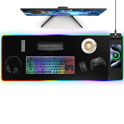 Mouse Pad with Wireless Charging, Large Desk Mat RGB Gaming Mousepad, 10 Light Colors LED Gaming Pad Keyboard Pad with Ultra-Smooth Surface & Non-Slip Rubber Base, Waterproof Full Desk Mouse Pad - color: 31.5x11.81"-Black Right