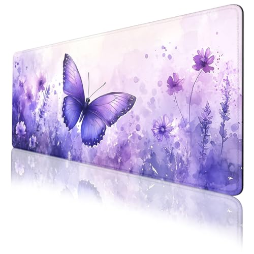 Butterfly Gaming Mouse Pad Purple Watercolor Floral Fantasy Garden Large Gaming Mouse Mat with Stitched Edges,Non-Slip Waterproof Rubber Base Mous Mat Office Computer Keyboard Laptop 31.5x11.8 Inch - color: Butterfly_08, size: 31.5L x 11.8W inches