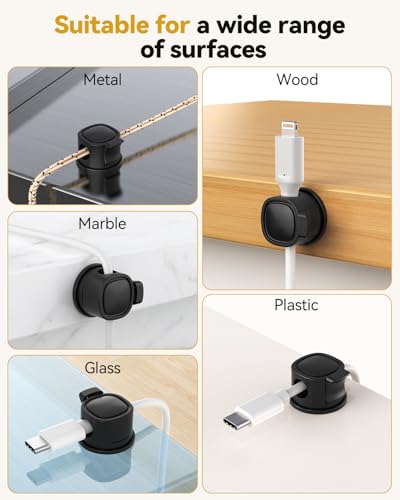 Rotatable Cord Organizer 6Pack, Spring Cable Clips With Clasp Lock, No-Residue Adhesive Cable Organizer, Cord Holder for Nightstand Car Home Office (Black)