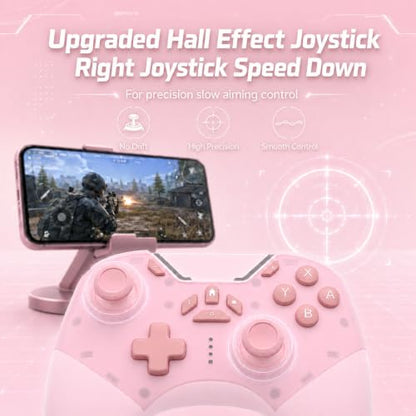 aghi Hall Effect Wireless Gaming Controller with Phone Clip | for iPhone/Android/PC/Steam/TV/Switch/Switch 2 with Hall Joysticks, Lock Speed, Macro, 6-Axis Gyro, Vibration, Turbo, Pink - color: Light Pink
