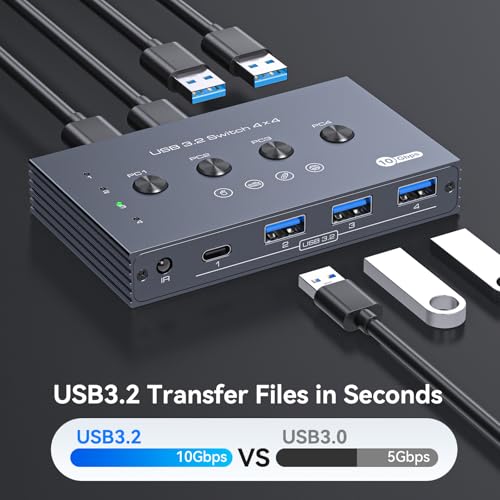 USB 3.2 Switch Selector 4 Computers Share 1 USBC & 3 USBA Devices 10Gbps 4 Port USB Switcher Sharing Keyboard Mouse Printer Scanner with Cable and Remote Control and a dapter - color: Silver Grey