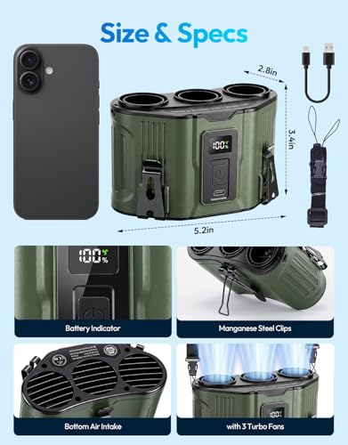 Portable Waist Fan with 3 Turbo Fans, 12000mAh Rechargeable Wearable Belt Fan, Shirt Fan Strong Airflow Fast Cooling, Hands Free Clip Fan for Outdoor Jobsite Construction Farm, Green - color: Green