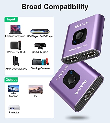 HDMI Switch 4k@60hz Splitter, GANA Aluminum Bidirectional HDMI Switcher 2 in 1 Out, Manual HDMI Hub Supports HD Compatible with Xbox PS5/4/3 Blu-Ray Player Fire Stick Roku - color: Purple (No Cable)