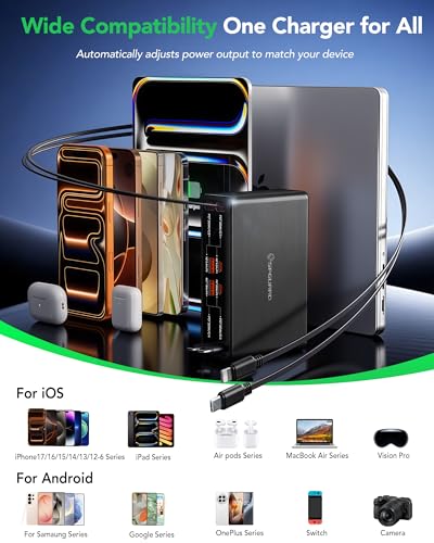8-in-1 Retractable Charging Station for Multiple Devices, USB-C GaN Hub | 105W Retractable Charger, 4 Cables & 4 Ports, Clutter-Free Desk/Home, Travel-Ready, Fast Charge For iPhone/Galaxy/Pixel/iPad