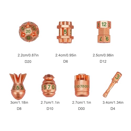 UDIXI RPG Metal Dice Set D&D, 7-Pieces Polyhedral Metal DND Dice Set Copper | Bomb Shape, Green Numbers, Solid Metal, Cool Design, Leather Pouch Packaging, for Dungeons and Dragons Role Playing Games - color: Copper Green