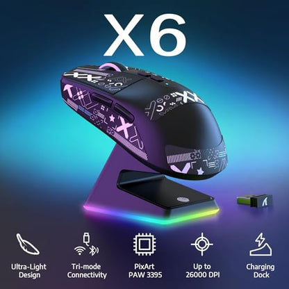 MAMBASNAKE Attack Shark X6 Wireless Gaming Mouse,RGB Magnetic Charging Dock,49g Ultralight X3 Upgrade,Tri-Mode 2.4GHz/BT5.2/USB-C,PAW3395 Sensor 26KDPI,G502 Programmable Mice for Win/Mac - Black&Tape - color: Black&Tape