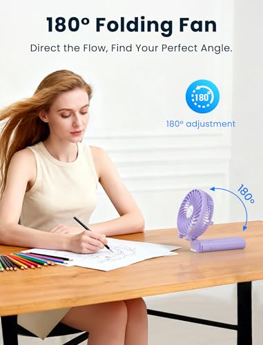 HandFan 5200mAh Handheld Fan Rechargeable, 20H Runtime Hand Fan, 3 Speeds Strong Airflow, Personal 180° Foldable Portable Fans for Travel/Summer/Concerts/Lash/Commute, Gifts for Women (Purple) - color: Clear‑Blade Purple