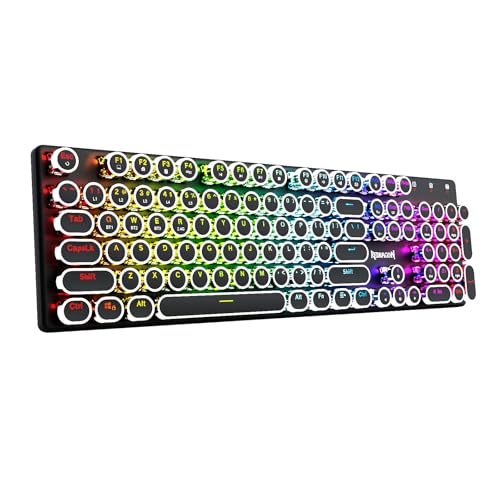 Redragon K710 Wireless Typewriter Style Mechanical Gaming Keyboard, Black | Bluetooth/2.4Ghz/Wired Tri-mode, RGB Backlit, Rechargeable Battery, Clicky Blue Switch, Solid Metal Panel, Round Keycaps