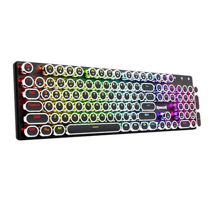Redragon K710 Wireless Typewriter Style Mechanical Gaming Keyboard, Black | Bluetooth/2.4Ghz/Wired Tri-mode, RGB Backlit, Rechargeable Battery, Clicky Blue Switch, Solid Metal Panel, Round Keycaps