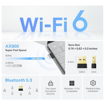 TP-Link 2-in-1 USB Bluetooth WiFi Adapter Archer TX10UB Nano | AX900 WiFi 6 BT 5.3 USB 2.0 Adapter for Desktop PC | Dual-Band WiFi Dongle | OFDMA, MU-MIMO, WPA3 | Travel Size | Supports Windows 11,10 - style: AX900 WiFi w/ Bluetooth 5.3.