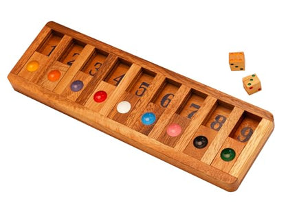 BSIRI Classic Shut The Box Game Wooden 12 Numbers with Math Lover Player Wood Box of Brain Teaser Puzzles Single Player Original Wood Dice and Close flip Number Board Games Adults Travel Mini Size - style: Shut the Box Game