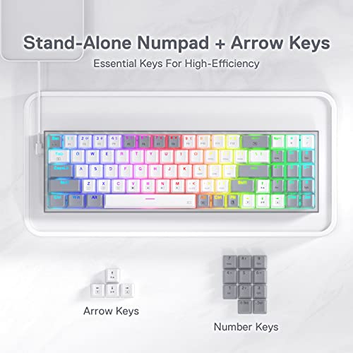 Redragon K628 Pollux 75% Wired RGB Gaming Keyboard, 78 Keys Compact Mechanical Keyboard w/100% Hot-Swap Socket, Free-Mod Plate Mounted PCB & Dedicated Arrow Keys, Quiet Red Switch - color: White & Grey 75% Wired