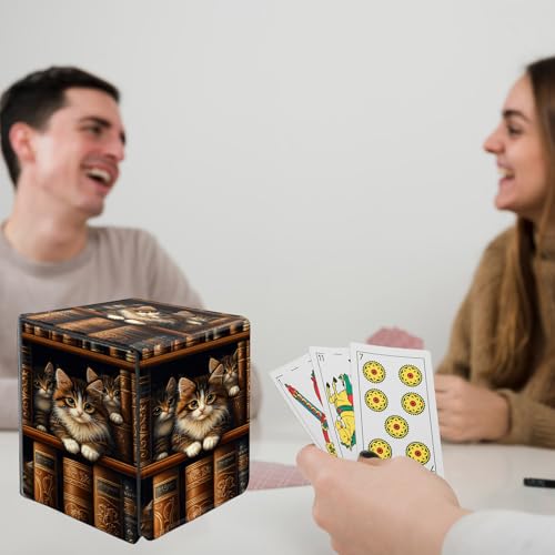 Card Deck Box for MTG Commander,Collectible Trading Storage Box Fits 120+ Single Sleeved Cards Magnetic Case PU Leather for Magic Commander TCG CCG MTG,Cute Cat Bookshelf - color: Cute Cat Bookshelf