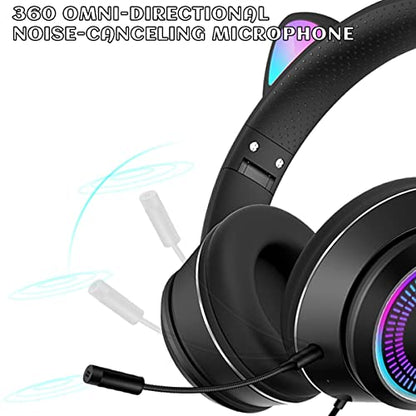 Cat Ear Gaming Headphones Wired AUX 3.5mm with LED Light, VIGROS Flashing Stereo Game Headphones Surround Sound Over-Ear Headsets with Microphone Fit Kids & Adult for PC, PS4, Switch, Mobile, Laptop - color: Black