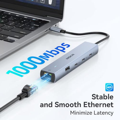 MOKiN 10Gbps USB C Hub Ethernet, 7 in 1 USB C Adapter for MacBook Pro/Air with 4K@60HZ HDMI, 3*USB-C 10Gbps Data, RJ45, USB 2.0, 100W PD, USB C Dongle for MacBook Pro/Air/Dell/HP/Thinkpad/Lenovo. - color: Gray
