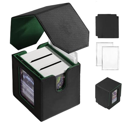 Commander Dual Display Deck Box — Patented Design Holds 130 Double-Sleeved/100 Triple-Sleeved Cards, Includes 2 Thick Card Bricks & 2 Dividers, Multi-Function Storage Cas（Black Green） - color: Black/Green