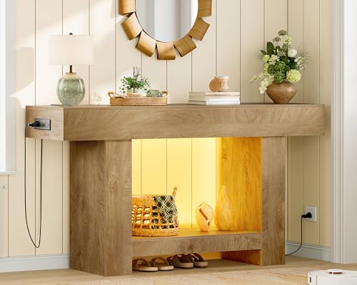 63" Entryway Table with Smart RGB Lights and Charging Station, Narrow Console Table with App-Controlled and Music Sync, Farmhouse Entry Way with Open Storage for Living Room, Hallway, Behind Couch - color: Natural, size: 63 IN