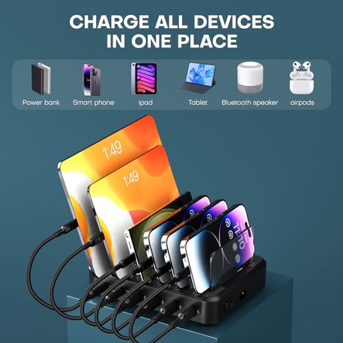 Charging Station for Multiple Devices,65W 6 Port Multi USB C Fast Charger Station with 6 Mixed Charging Cables,Charging Dock Compatible with iPhone iPad,Cell Phone,Tablets Android and More