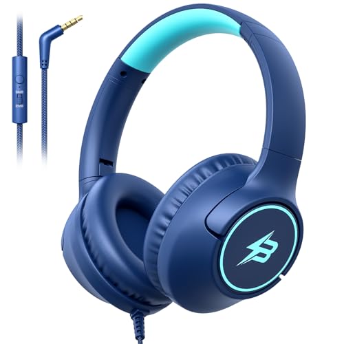 Kids Headphones Wired for School, 85/94dB Volume Limit, Wired Over Ear Headphones for Kids Boys Girls with Microphone, Stereo Sound 3.5mm Cord for Kindle Tablet Airplane Travel, Navy Blue - color: Navy Blue
