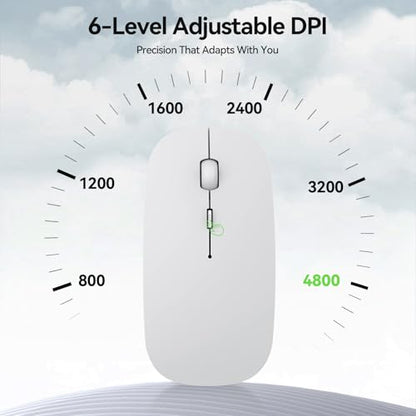 TECKNET Wireless Mouse, 4800 DPI Rechargeable Bluetooth Mouse for Laptop | Bluetooth 5.2/3.0 & 2.4G, Ultra-Thin, 6-Level Adjustable 4800 DPI Computer Mouse for Mac OS, iPad, Windows, Android - color: white