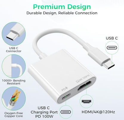 USB C to HDMI 4K@120Hz TV Adapter with 100W PD Fast Charging for iPhone 17 | Type-C Digital AV Display Hub, Travel-Friendly, Plug & Play, iPhone 17 16 15, iPad, Steam Deck, Switch 2, More USB-C Devices